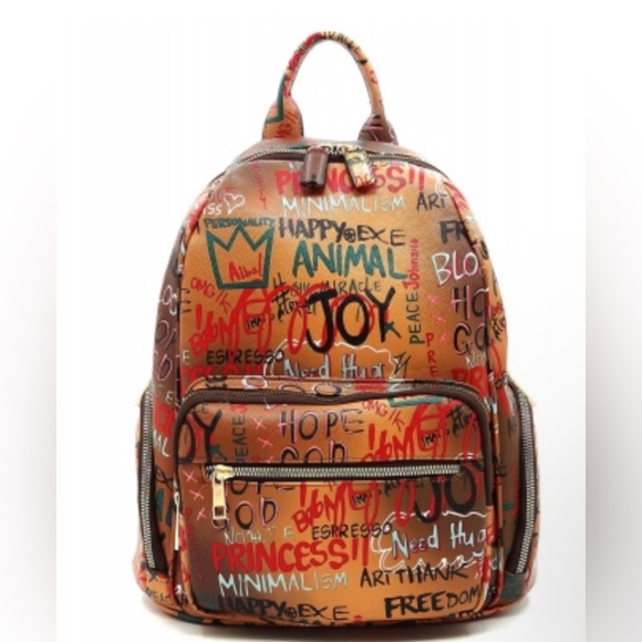 Alba Handbags - NEW Graffiti Leather Print Backpack Brown, Black, Multi